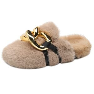 Pimali Gold Chain Fluffy Flats – Designer-Inspired Luxury Slippers | Sheepskin Style Flats