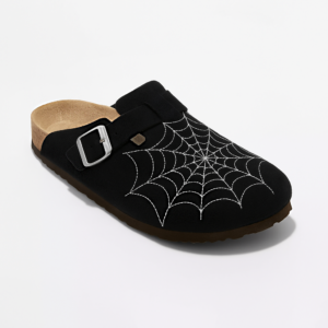 Spider-Web Clogs — Embroidered Suede Cork Footbed Mules