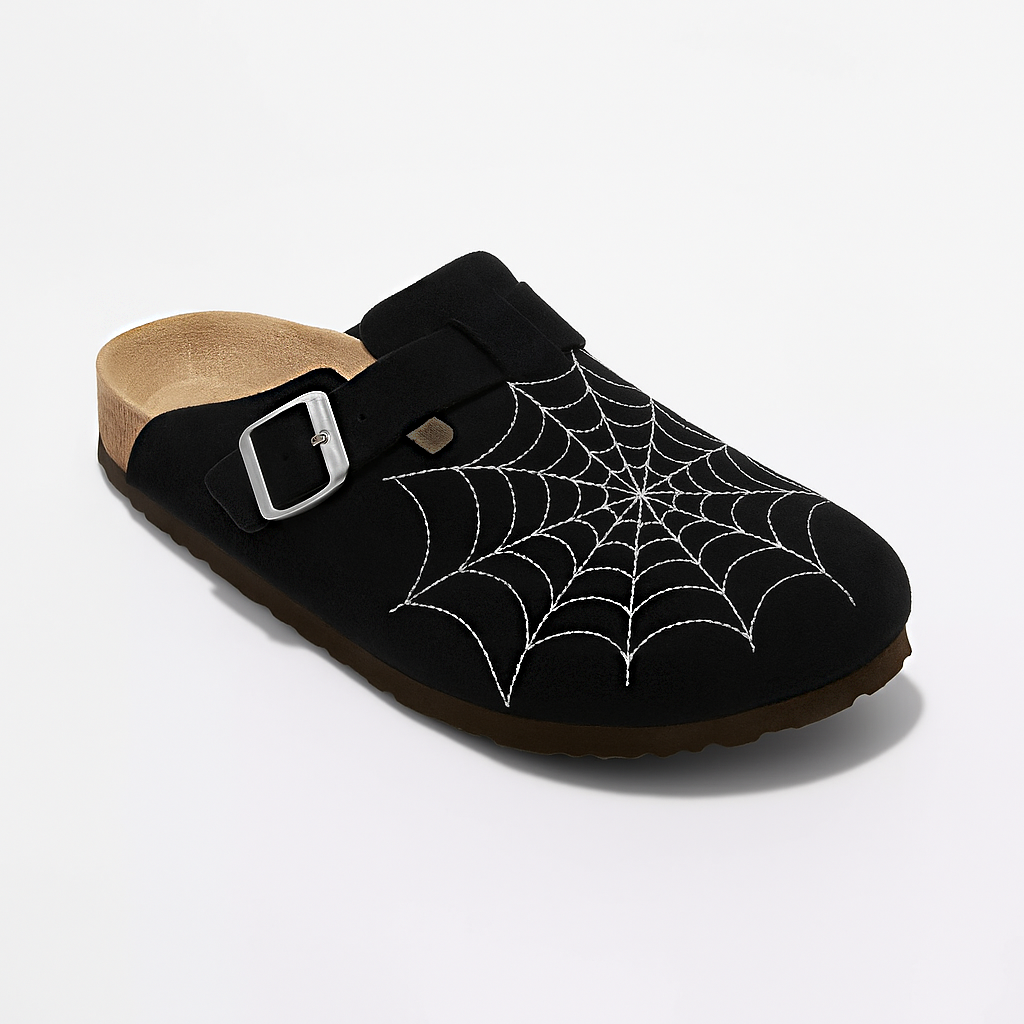 Spider-Web Clogs — Embroidered Suede Cork Footbed Mules 1 Spider-Web Clogs — Embroidered Suede Cork Footbed Mules