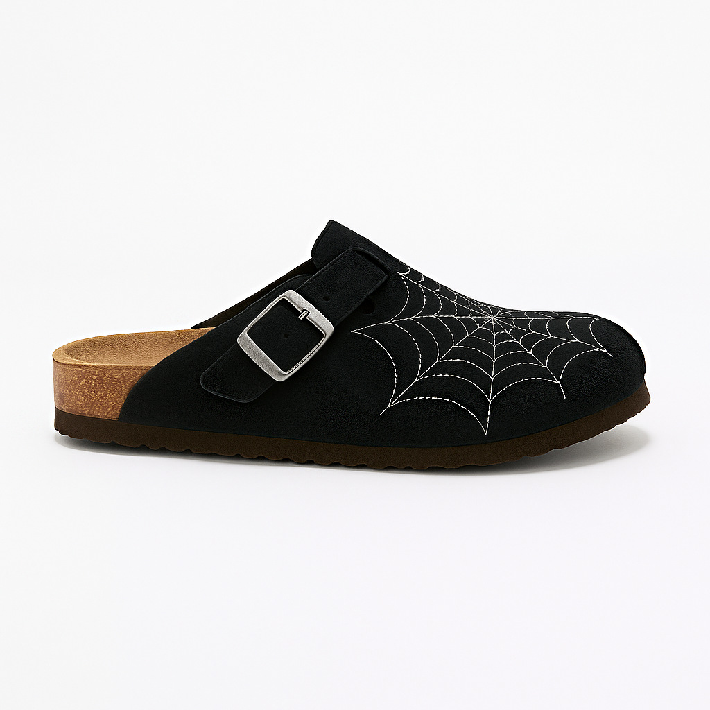 Spider-Web Clogs — Embroidered Suede Cork Footbed Mules 2 Spider-Web Clogs — Embroidered Suede Cork Footbed Mules - Image 2