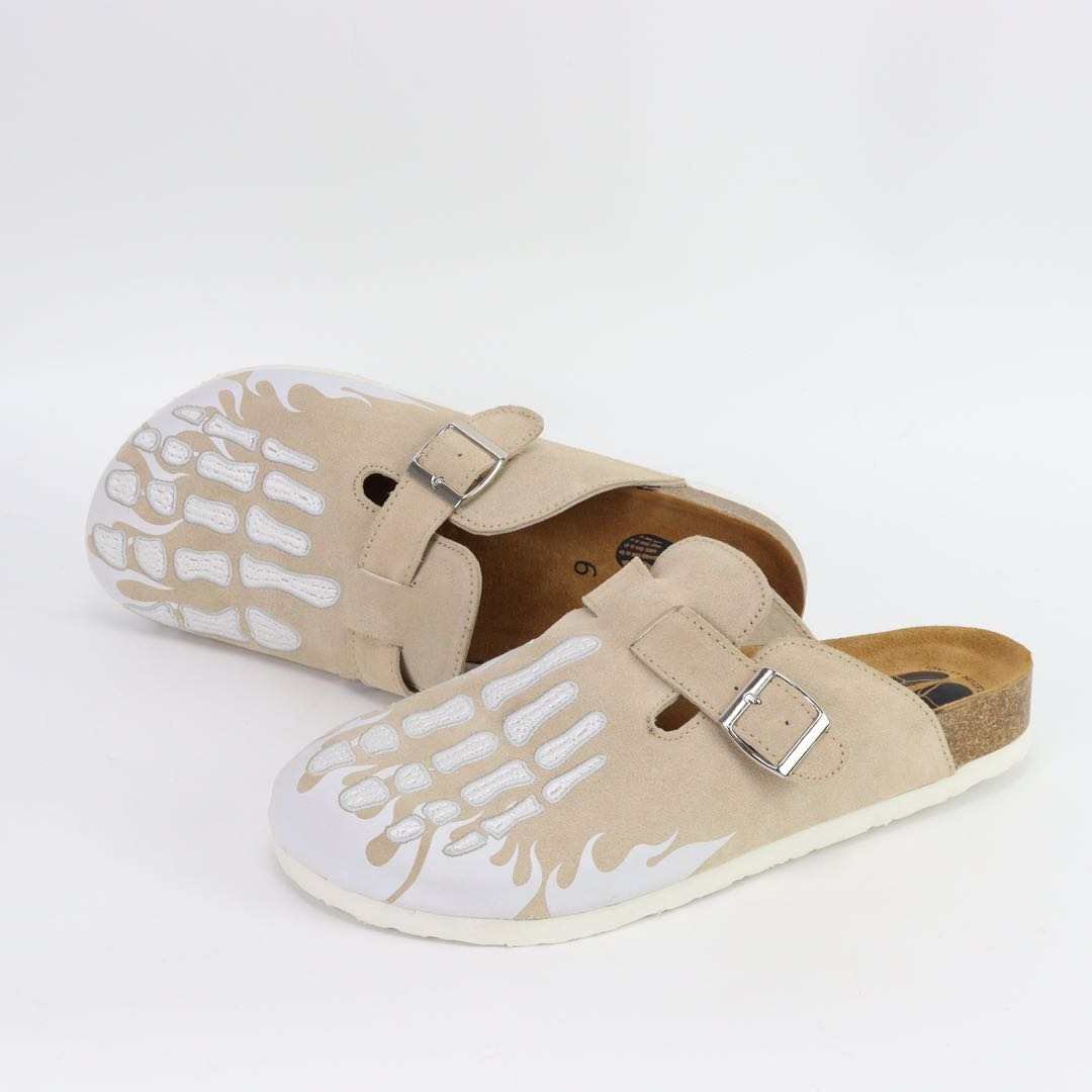 Skeleton Print Suede Clogs – Closed-Toe Cork Footbed Mules | Unisex 1 Skeleton print suede clogs - Taupe - Pimali