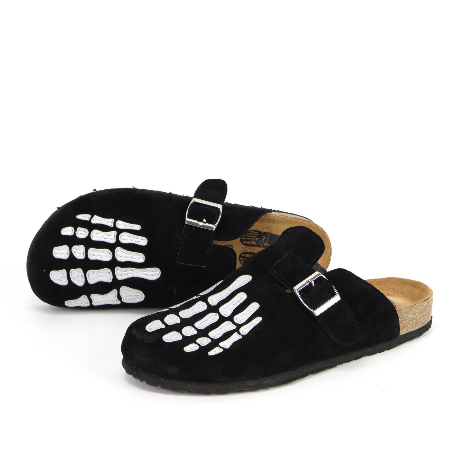 Skeleton Print Suede Clogs – Closed-Toe Cork Footbed Mules | Unisex 2 Skeleton print suede clogs - Black - Pimali