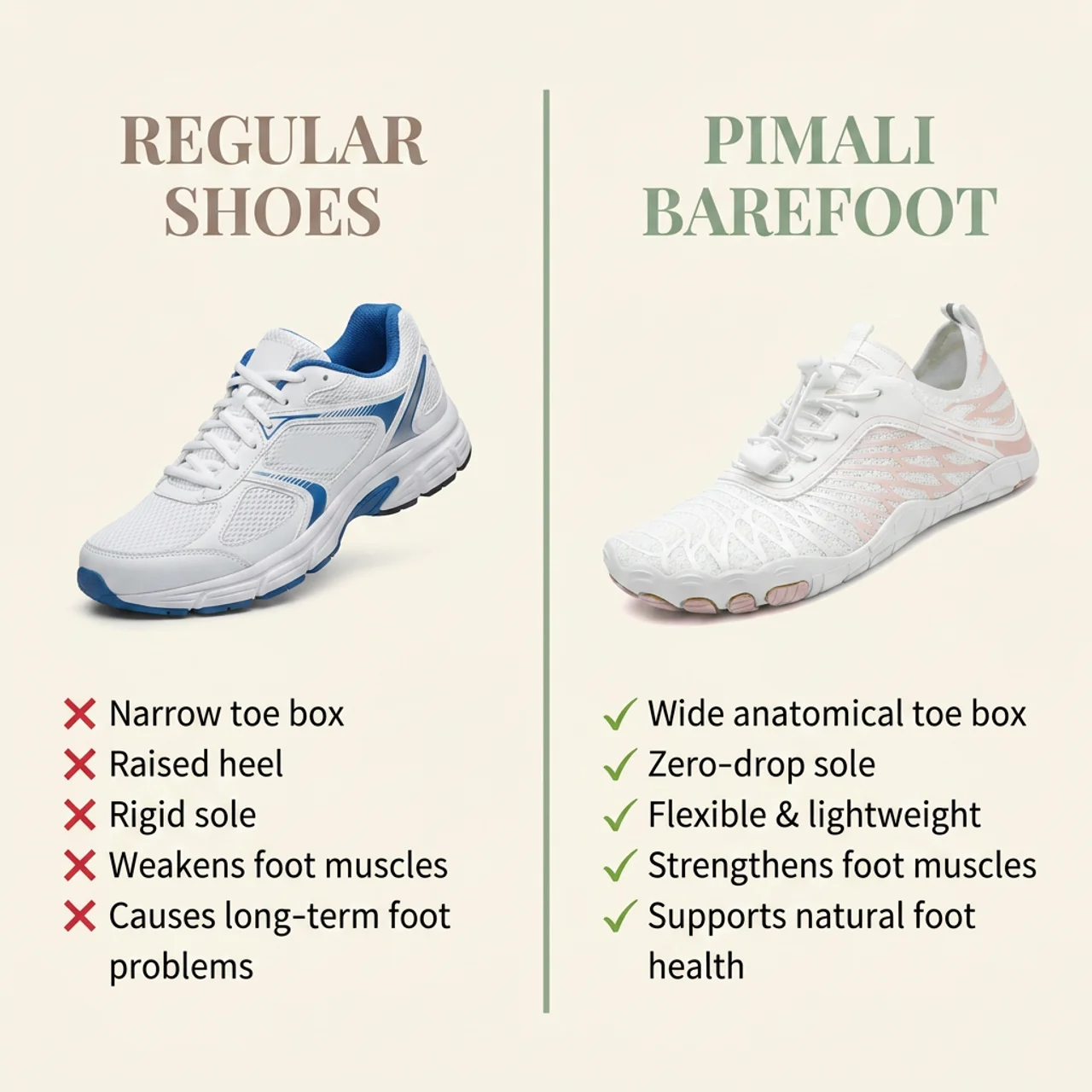 Regular shoes vs Pimali barefoot comparison