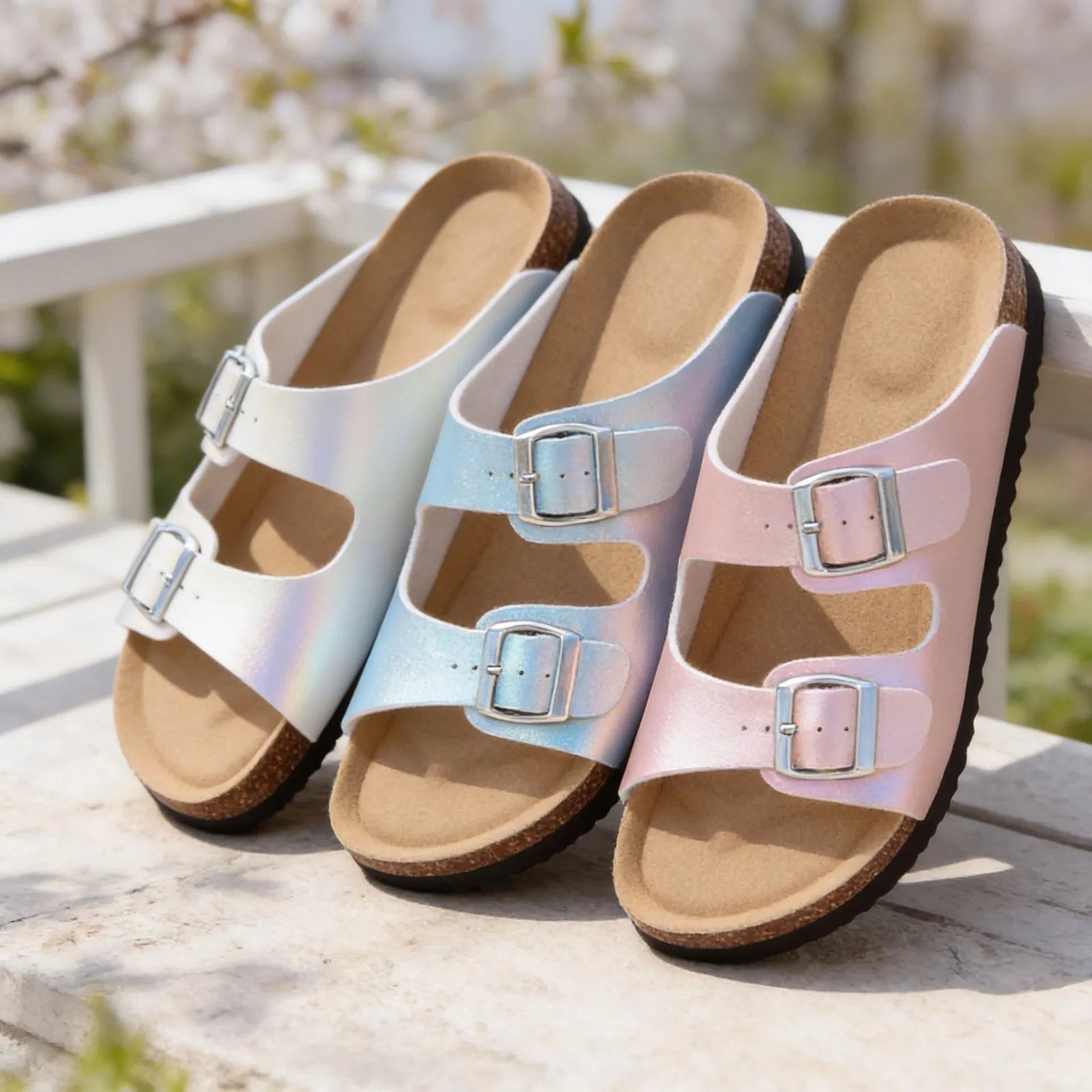 Double-Buckle Cork Footbed Sandals – Pastel Slides with Arch Support | Cannes | Women's 3 Cannes cork footbed sandals - Pimali