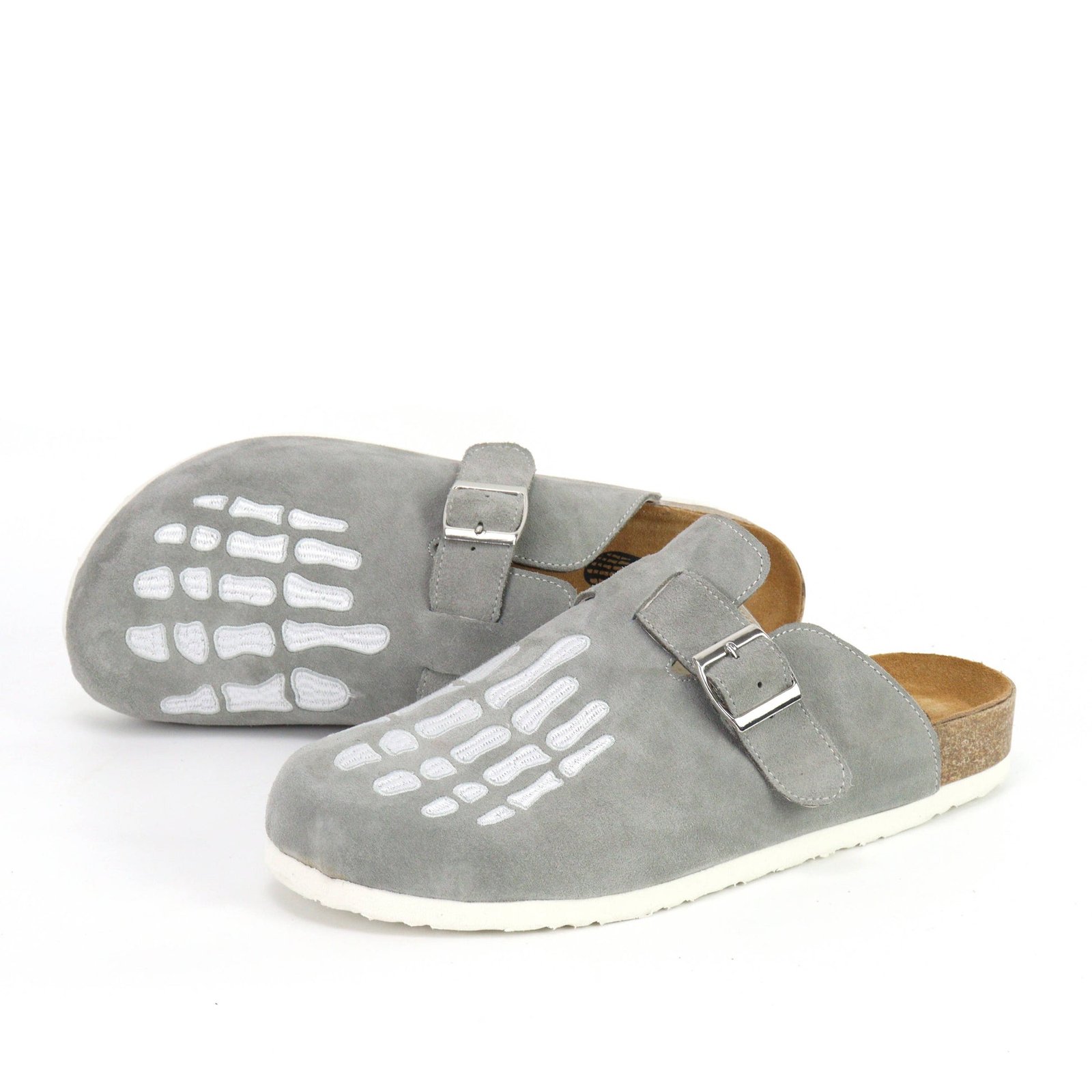 Skeleton Print Suede Clogs – Closed-Toe Cork Footbed Mules | Unisex 3 Skeleton print suede clogs - Grey - Pimali